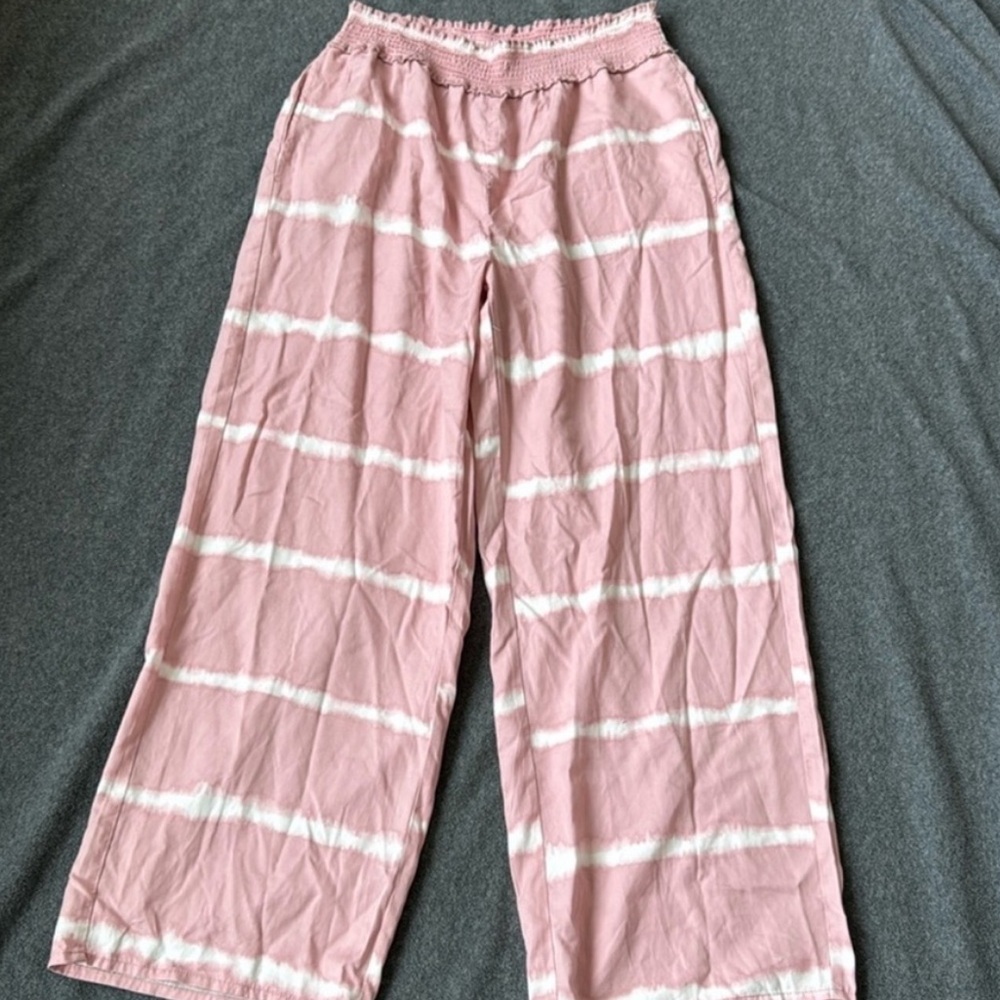beachlunchlounge Pink and White tie-dyed Wide Leg Pants
